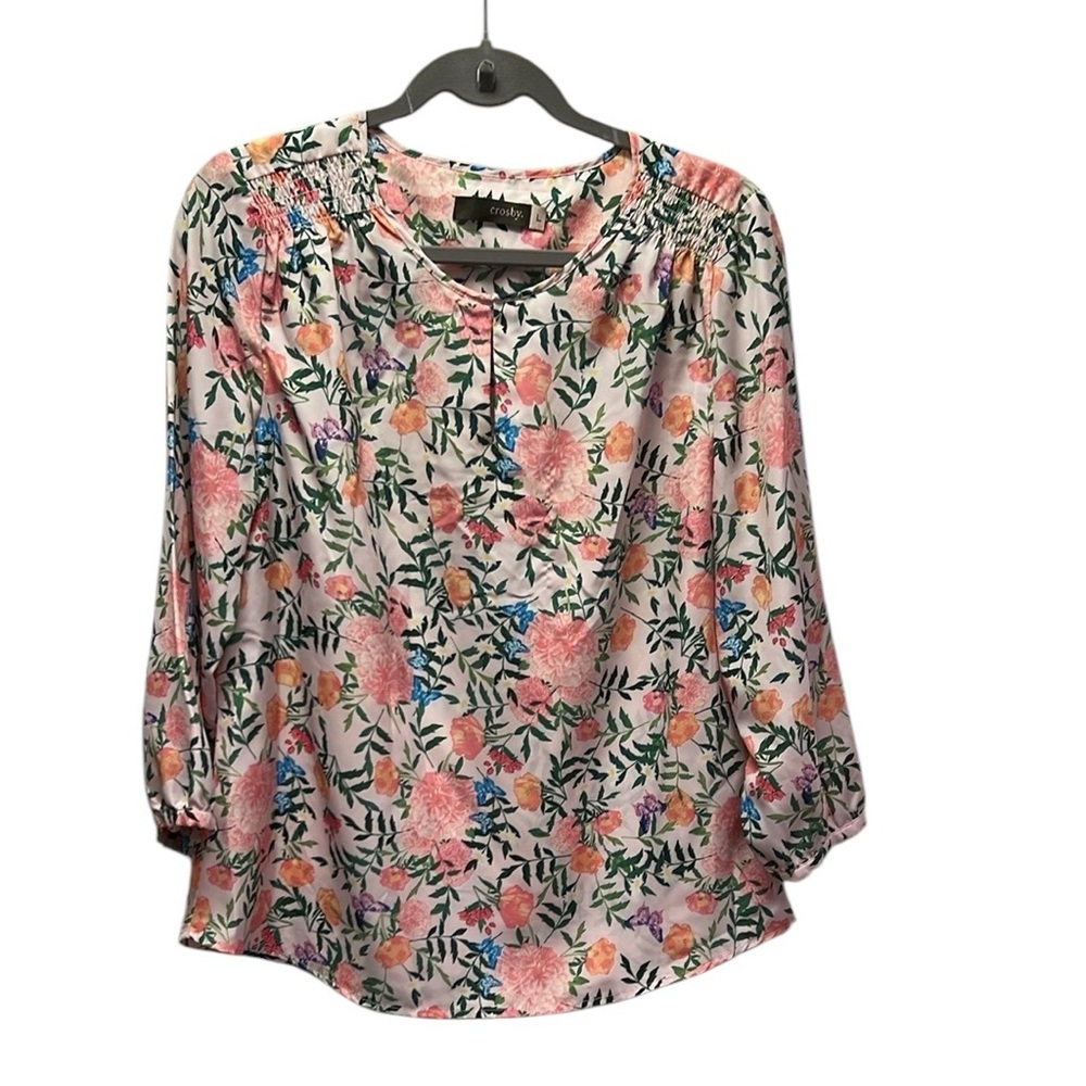 Crosby Pink 3/4 Sleeve Smocking Front Accent Round Neckline Blouse